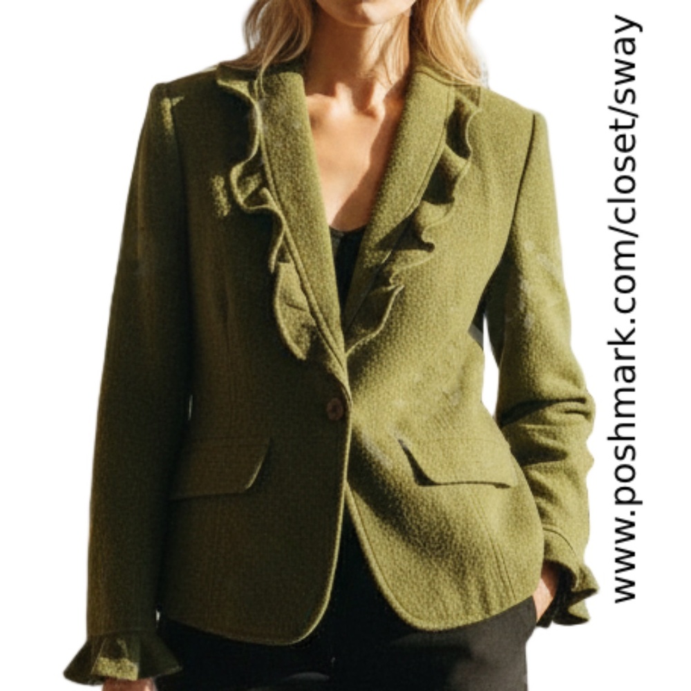 New Jared Ross An August SIlky Company Moss Green Boucle Ruffle Collar Blazer